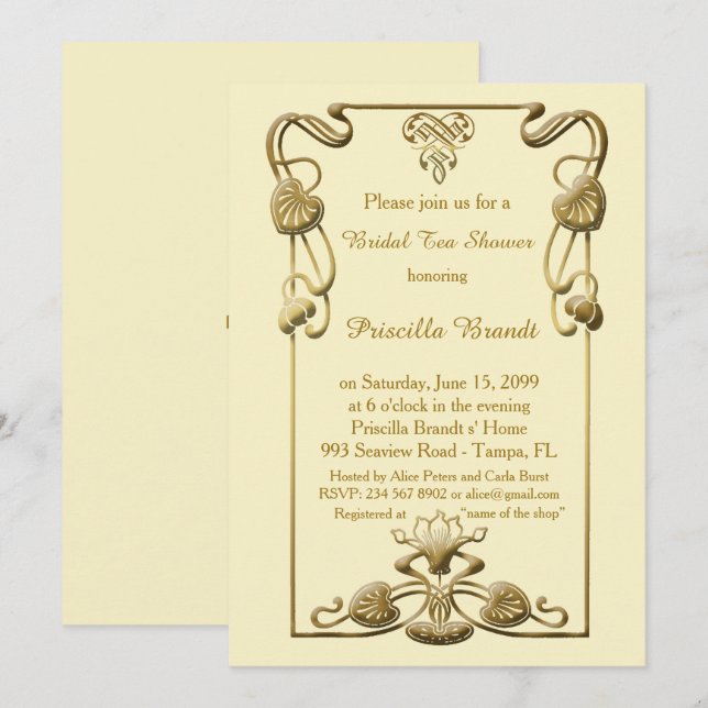Invitation Fête des mariées, grand style Gatsby, ivoire & or (Devant / Derrière)