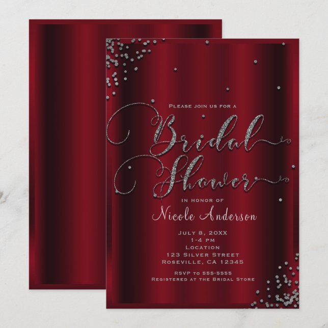 Invitation Fête des mariées Gras Coins Confetti Rouge & Argen (Devant / Derrière)