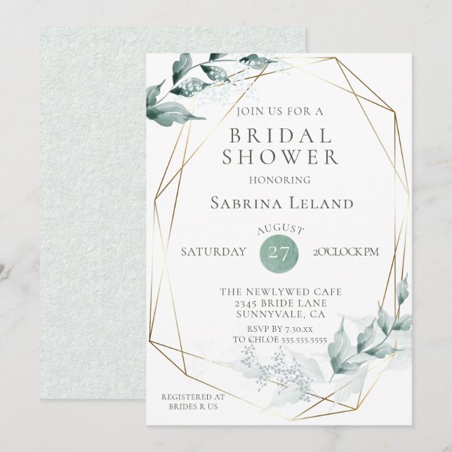 Invitation Fête des mariées | Grayed Jade Green Botanical (Devant / Derrière)