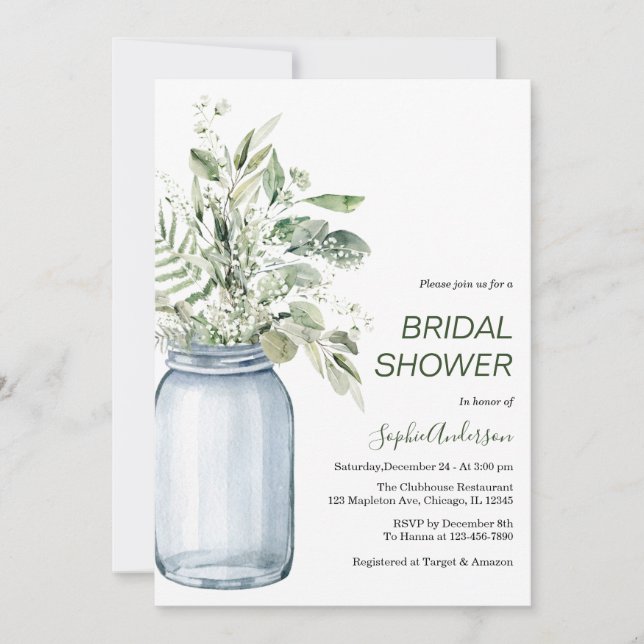Invitation Fête des mariées Gypsophila Mason Jar Eucalyptus (Devant)