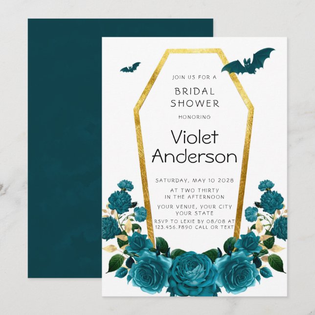 Invitation Fête des mariées Halloween Turquoise Gold Coffin F (Devant / Derrière)