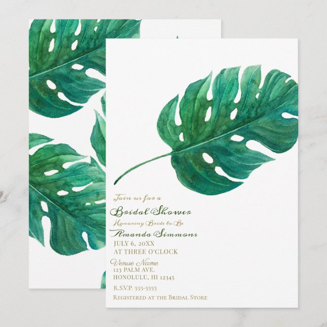 Invitation Fête des mariées hawaïenne Tropical Green Palm Lea (Devant / Derrière)
