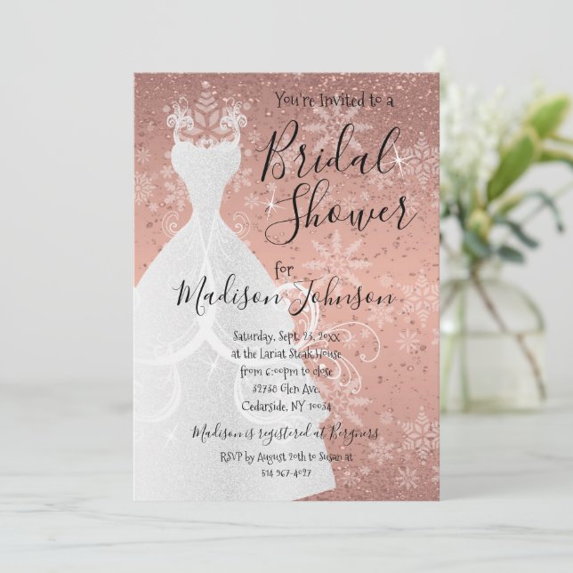 Invitation  Fête des mariées hiver neige - Rose Gold (Debout devant)