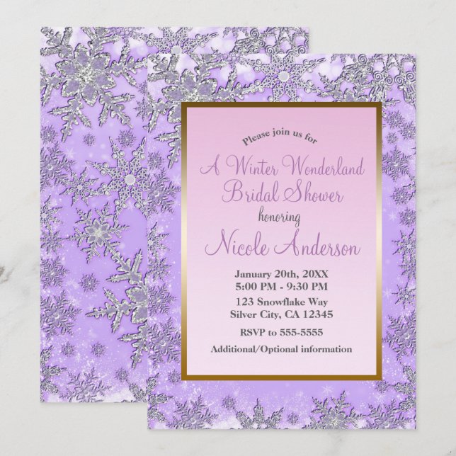 Invitation Fête des mariées hivernale violet rose (Devant / Derrière)