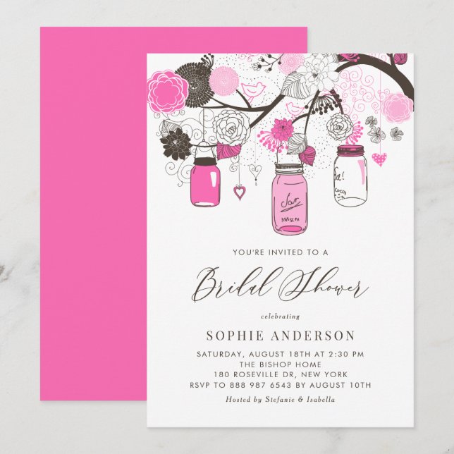 Invitation Fête des mariées Hot Pink Mason Jars (Devant / Derrière)