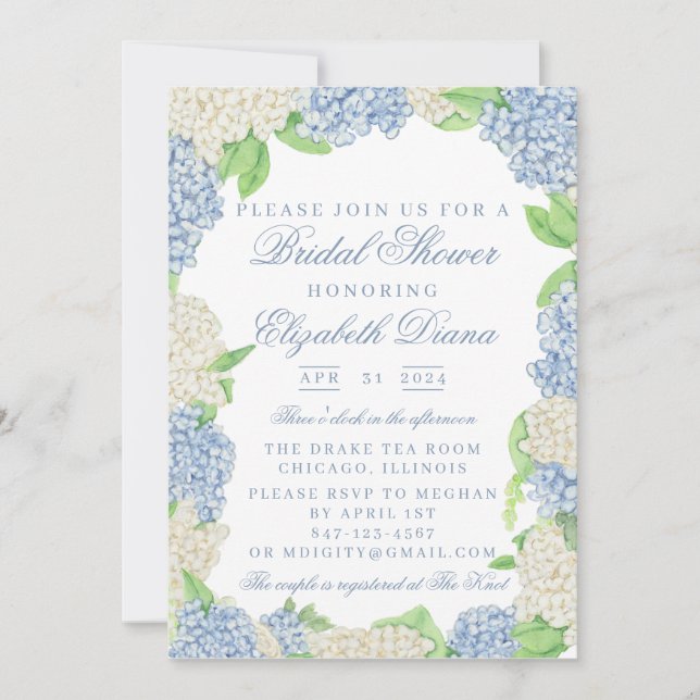 Invitation Fête des mariées Hydrangea bleu et blanc (Devant)
