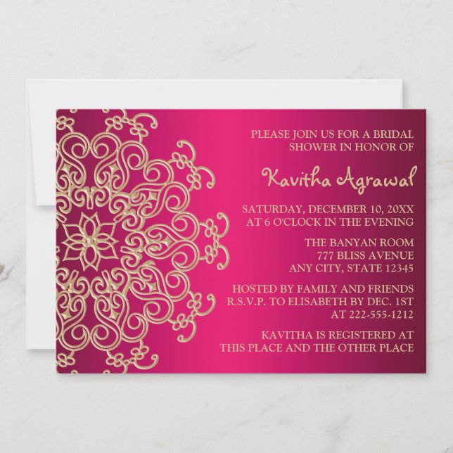 Invitation Fête des mariées inspirée par Hot Rose et Gold Ind (Devant)