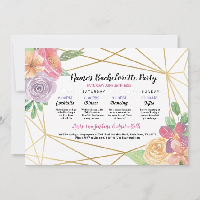 Invitation Fête des mariées Itinéraire Bachelorette Gold Fram (Devant)