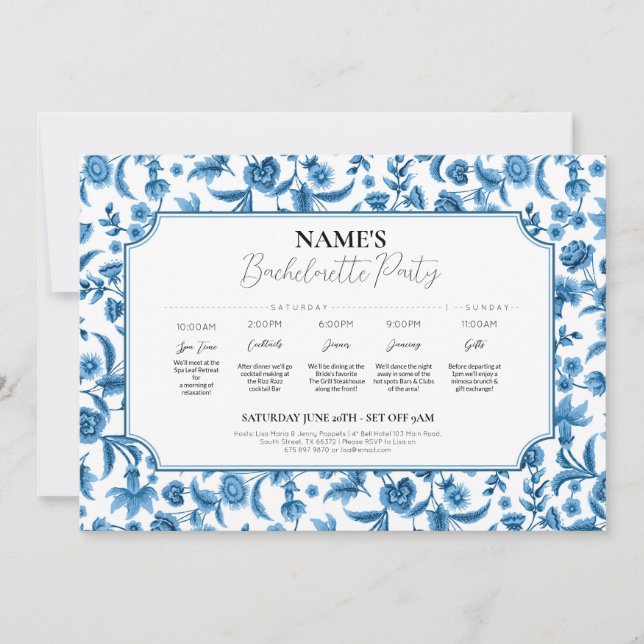 Invitation Fête des mariées Itinéraire Chintz Bleu & Blanc Fl (Devant)