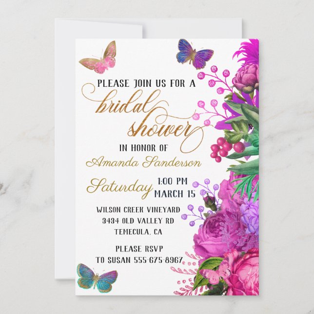 Invitation Fête des mariées Joli Chic Floral Papillon rose (Devant)