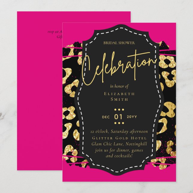 Invitation Fête des mariées LeahG Glam Chic Animal Or rose no (Devant / Derrière)