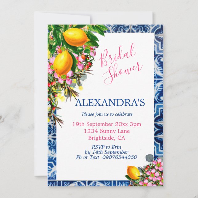Invitation Fête des mariées Lemons Floral Bleu Carrelage blan (Devant)