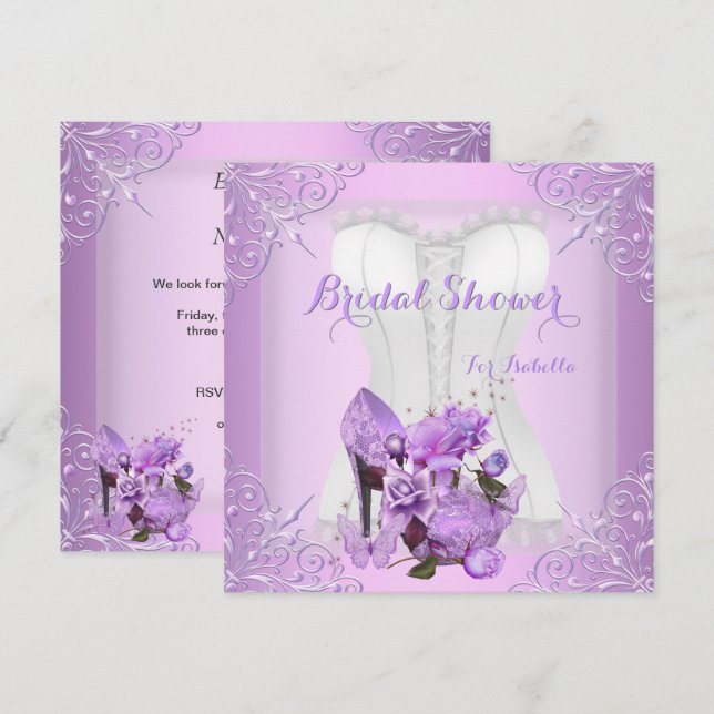 Invitation Fête des mariées Lilac Rose Hi Heel Lace Butterfly (Devant / Derrière)