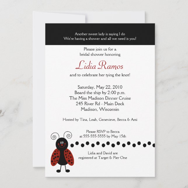 Invitation Fête des mariées Love Bug Ladybug 5x7 (Devant)