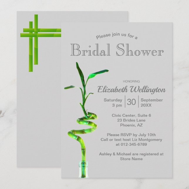 Invitation Fête des mariées Lucky Bamboo Sur Silver Grey (Devant / Derrière)