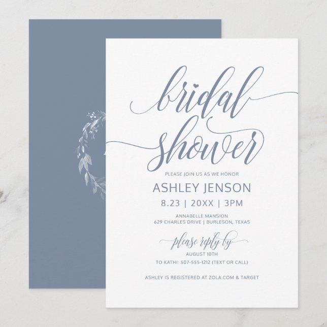 Invitation Fête des mariées Luxe Calligraphie Dusty Blue Flor (Devant / Derrière)
