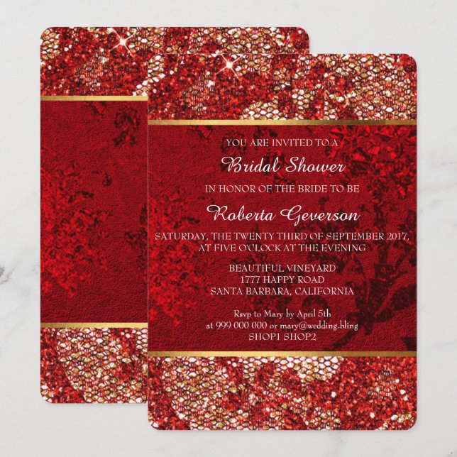 Invitation Fête des mariées Luxe Or Rouge dentelle étincelant (Devant / Derrière)