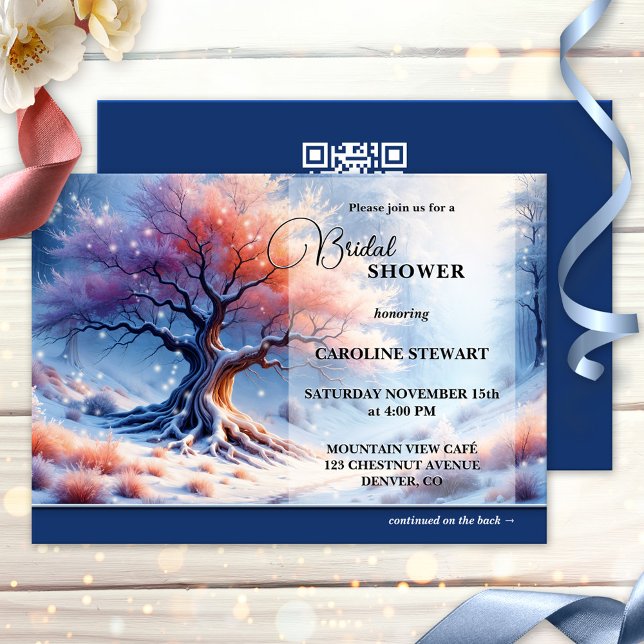 Invitation Fête des mariées Magique Winter Wonderland (Magical artistic bridal shower invitation featuring a beautiful tree in a winter wonderland forest)