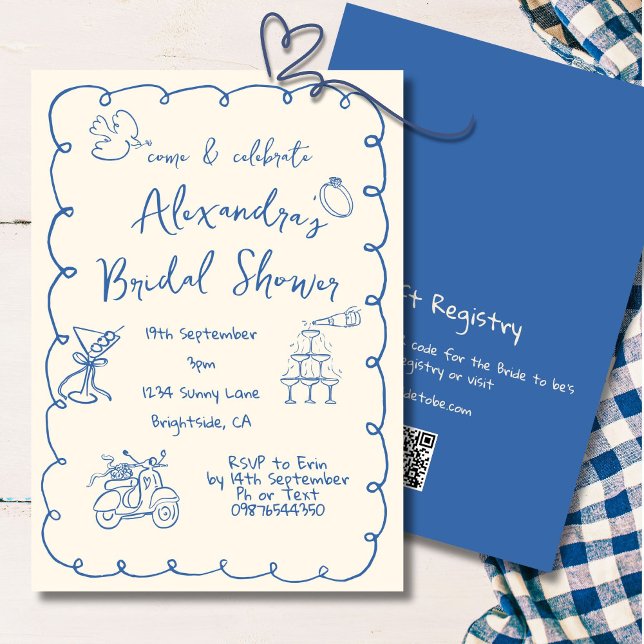 Invitation Fête des mariées Main dessinée crème bleue Whimsic (Créateur téléchargé)