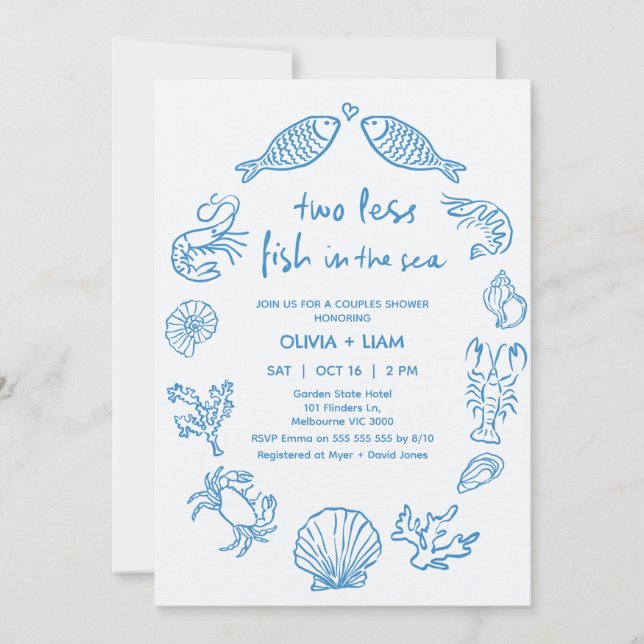 Invitation Fête des mariées Main Drake Blue Two Fish Couples (Devant)