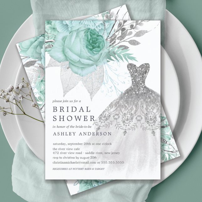 Invitation Fête des mariées Mariage Aqua & Silver Floral (Créateur téléchargé)