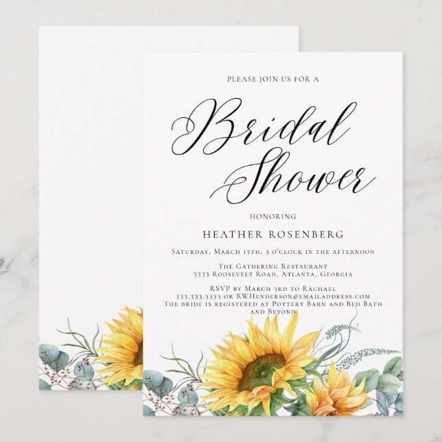 Invitation Fête des mariées Mariage de script de tournesol d' (Devant / Derrière)