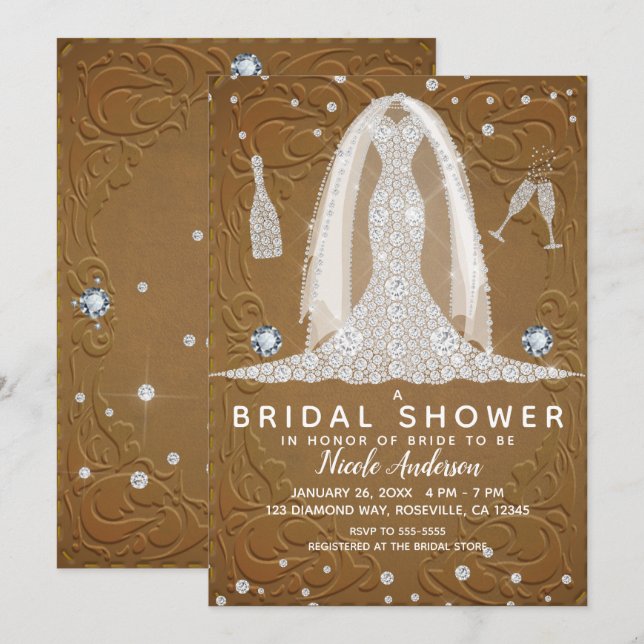 Invitation Fête des mariées Mariage en cuir Brown Diamond (Devant / Derrière)