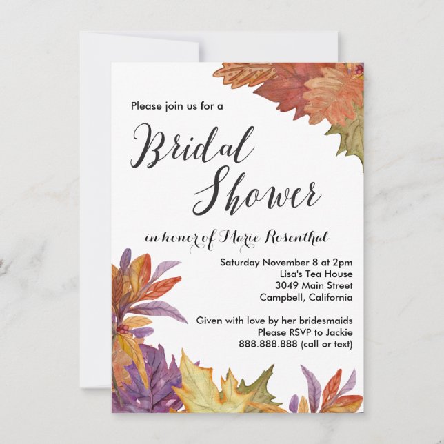 Invitation Fête des mariées Mariage Feuille d'aquarelle d'aut (Devant)