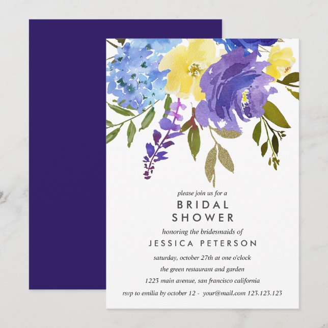 Invitation Fête des mariées Mariage Fleurs Bleues Jaunes (Devant / Derrière)