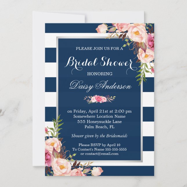 Invitation Fête des mariées mariage Floral Silver Navy rayure (Devant)