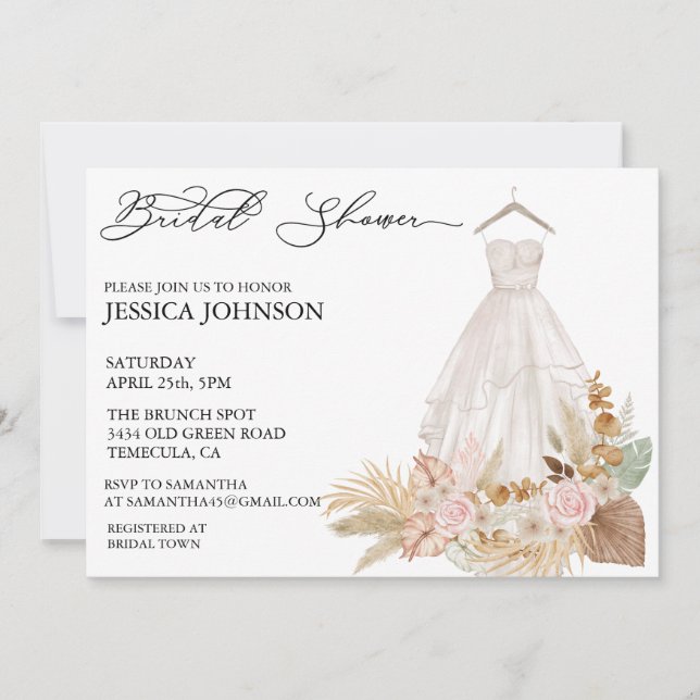 Invitation Fête des mariées Mariage robe Tropical Boho Feuill (Devant)