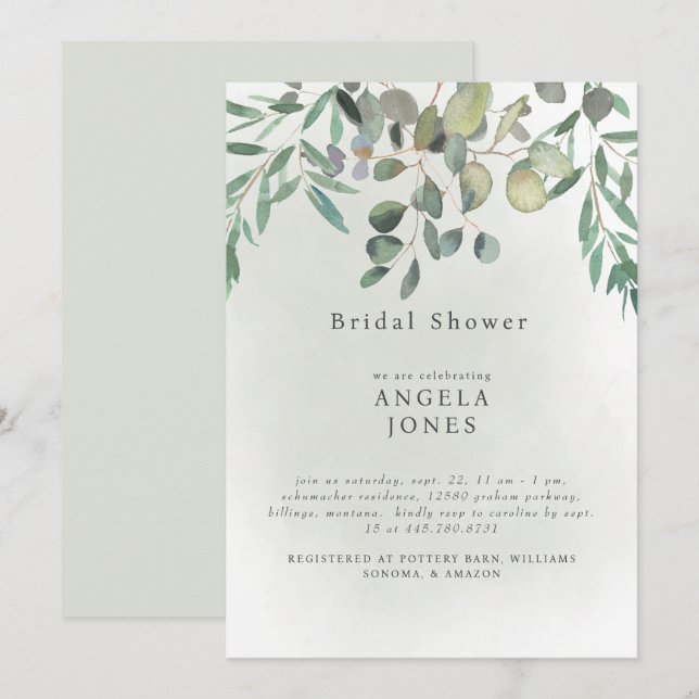 Invitation Fête des mariées Mariage Sage Eucalyptus (Devant / Derrière)