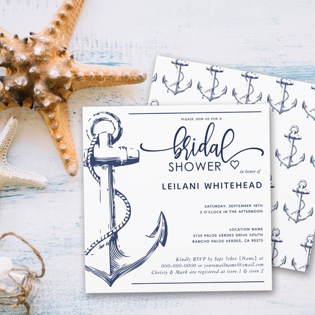 Invitation Fête des mariées marine Ancre blanche (Créateur téléchargé)