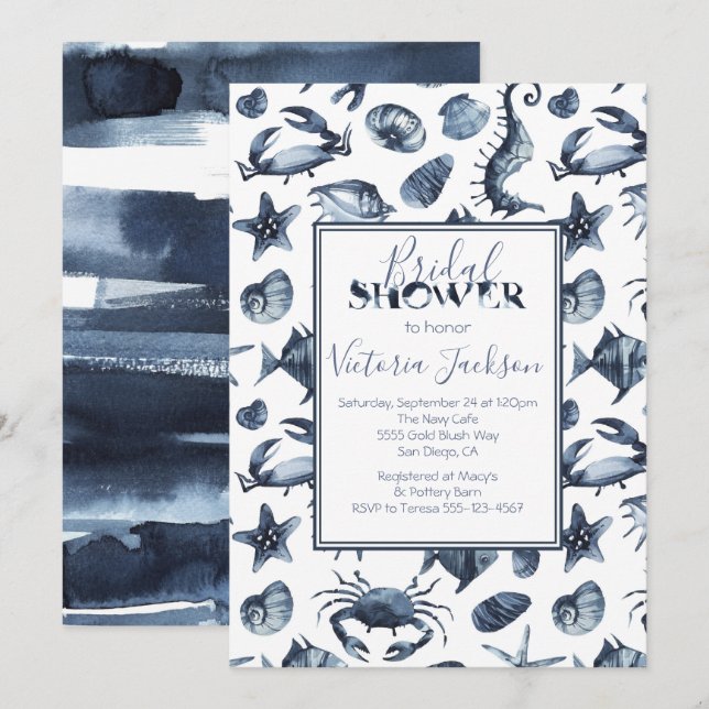 Invitation Fête des mariées marine bleue et blanche (Devant / Derrière)