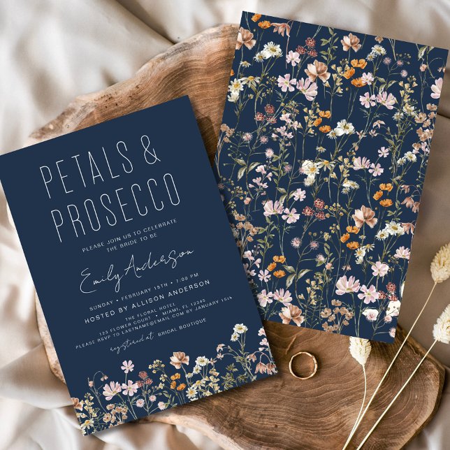 Invitation Fête des mariées Marine Blue Petals & Prosecco (Créateur téléchargé)