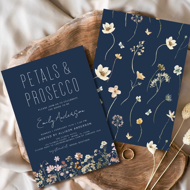 Invitation Fête des mariées Marine Blue Petals & Prosecco (Créateur téléchargé)