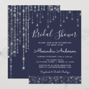 Invitation Fête des mariées Marine Blue Silver String Lights