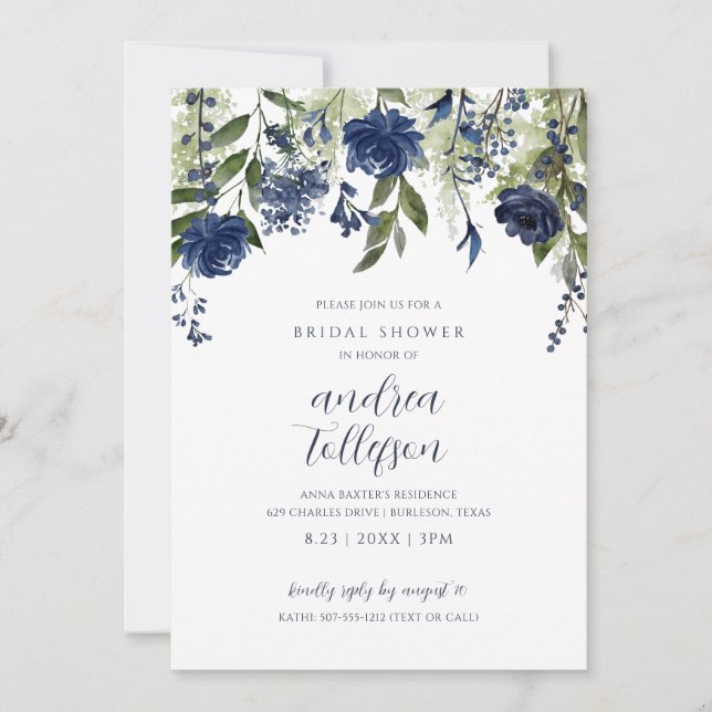 Invitation Fête des mariées Marine Fleur sauvage bleu Floral (Devant)