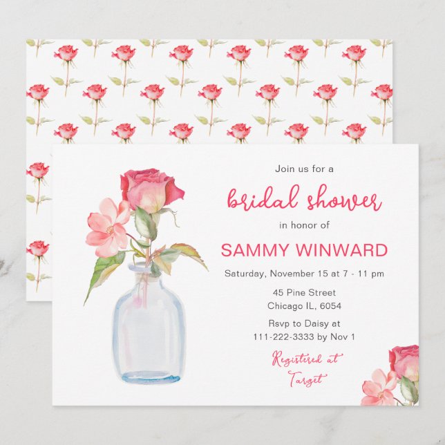 Invitation Fête des mariées Mason Jar rose Floral (Devant / Derrière)