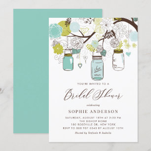 Invitation Fête des mariées Mason Jars bleu et vert