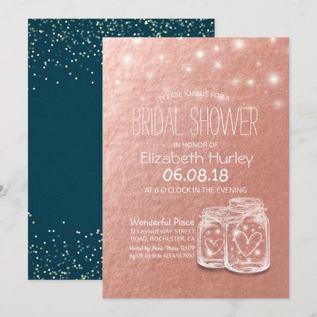 Invitation Fête des mariées Mason Jars String Lights Rose Gol (Devant / Derrière)
