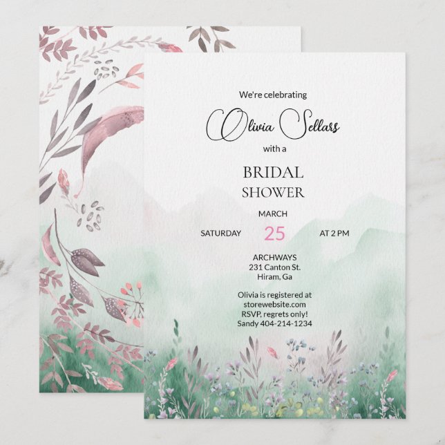 Invitation Fête des mariées Mauve et Mint Meadow (Devant / Derrière)