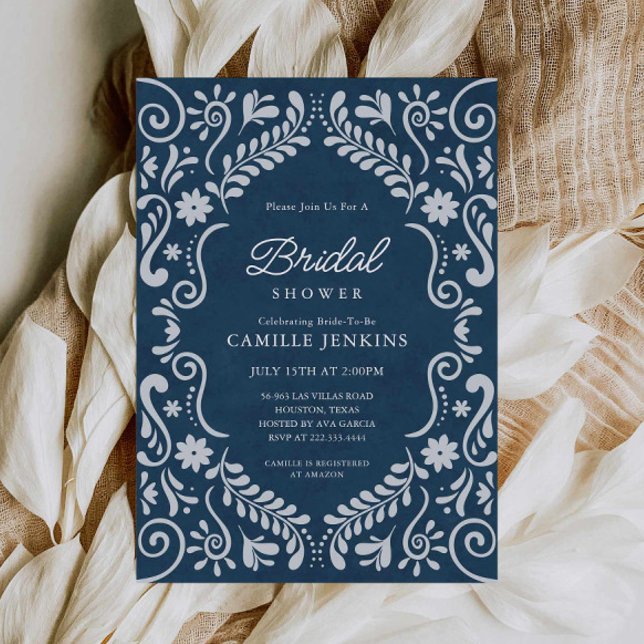 Invitation Fête des mariées mexicaine de Blue Talavera (Blue Papel Picado Mexican Bridal Shower Invitation)