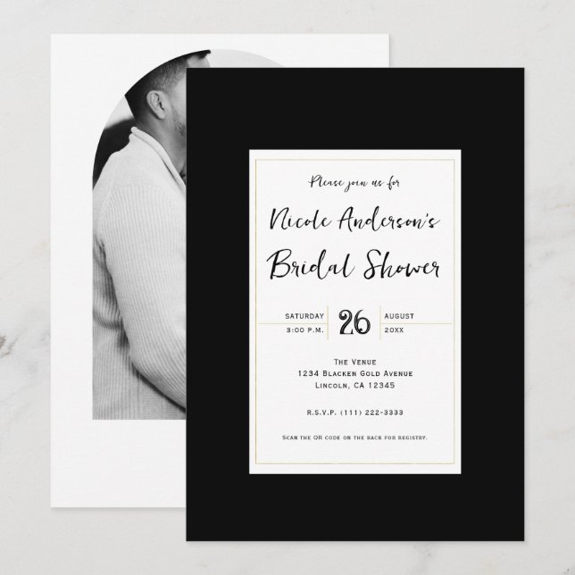 Invitation Fête des mariées minimale moderne Black White Gold (Devant / Derrière)