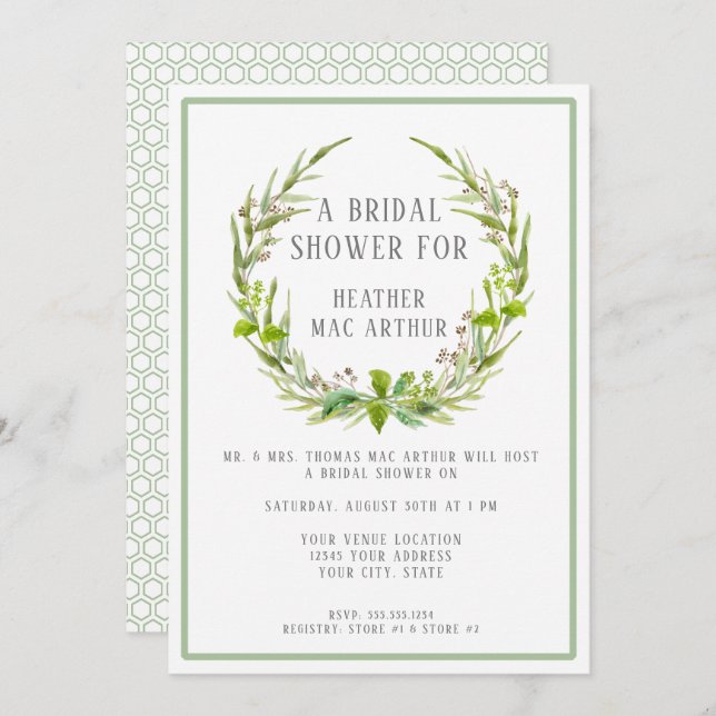 Invitation Fête des mariées Moderne Aquarelle Feuille Vert co (Devant / Derrière)