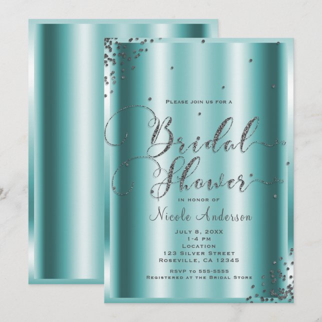 Invitation Fête des mariées Moderne Argent Aqua Confetti Corn (Devant / Derrière)
