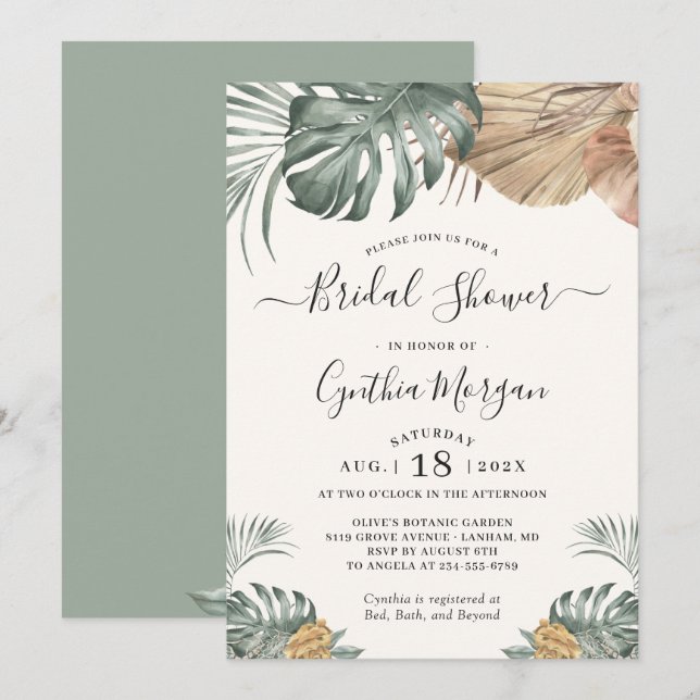 Invitation Fête des mariées moderne Boho Tropical Monstera Le (Devant / Derrière)