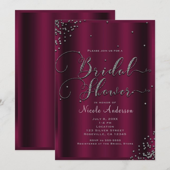 Invitation Fête des mariées Moderne Bourgogne Argent Confetti (Devant / Derrière)
