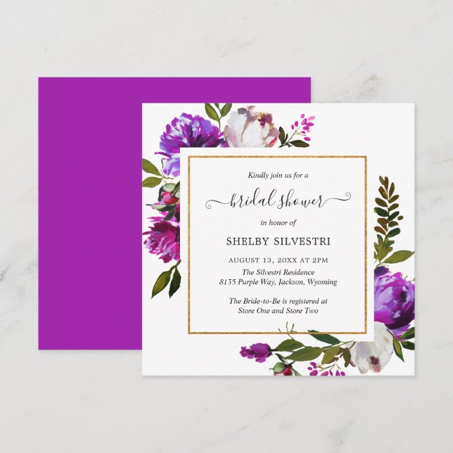 Invitation Fête des mariées moderne brillante violet Floral É (Devant / Derrière)