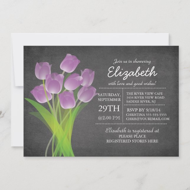 Invitation Fête des mariées moderne Chalkboard Purple Tulip (Devant)